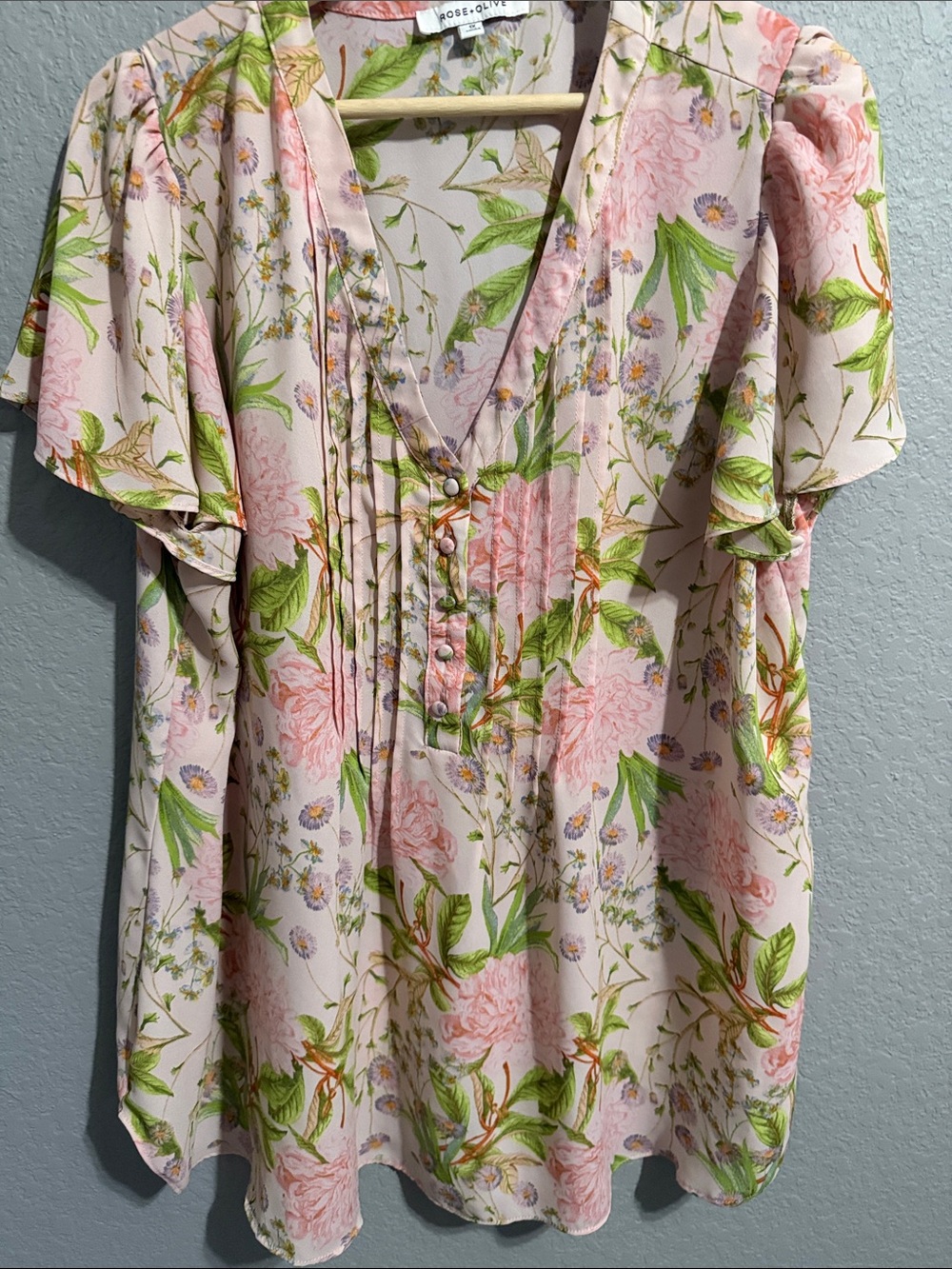 Rose & Olive Blush Pink Floral V-Neck Flutter Sleeve Top